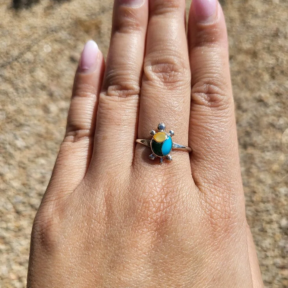 Native American Handmade Mini Turtle Multi Stones Zuni Inlay Ring Turquoise Opal